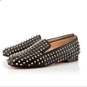 Louboutin Women's Rolling Spike Studded Flats Loafers Black Suede 39 + Dustbag
